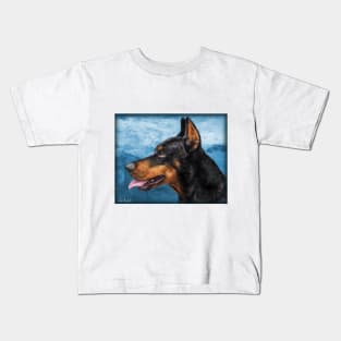 Gorgeous Doberman Painting on Blue Background Kids T-Shirt